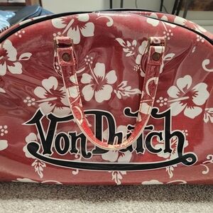 Von Dutch Red and White Travel Bag with Floral Design